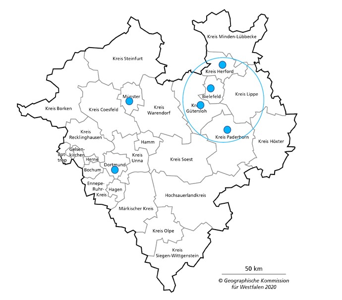 Karte von Westfalen mit den jeweiligen Bezirken, grafisch dargestellt